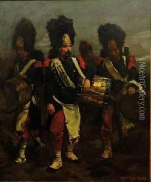 Trois Tambours Des Grenadiers A Pied De La Garde Imperiale Du Second Empire Oil Painting - Guillaume Regamey