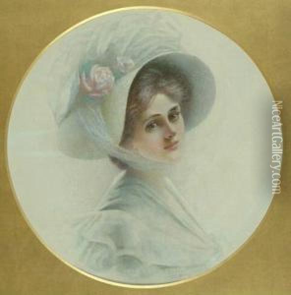 A Young Lady Wearing A Rose-trimmed Hat Oil Painting - Lucien Davis