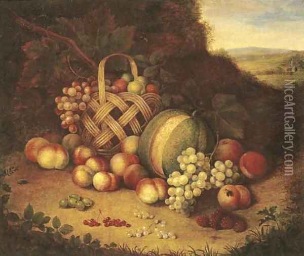 Bunches of grapes and lemons in a basket with peaches Oil Painting - Flemish School