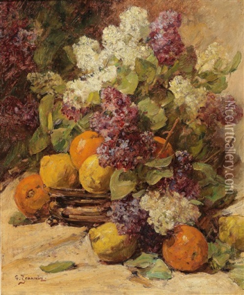 Still Life With Bouquet Of Lilacs And Lemons Oil Painting - Georges Jeannin