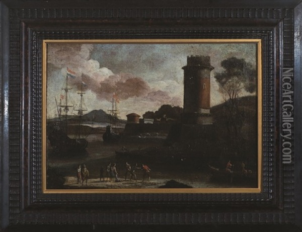 Veduta Portuale Con Torre Oil Painting - Adriaen Van Der Cabel