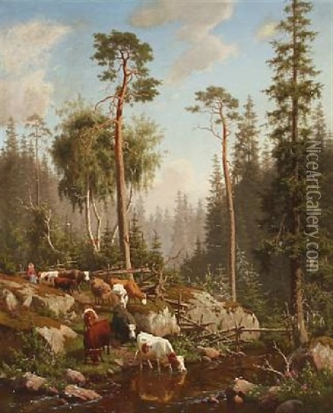 Swedish Forest Landscape With A Woman Herding Cattle Oil Painting - Carl Henrik Bogh