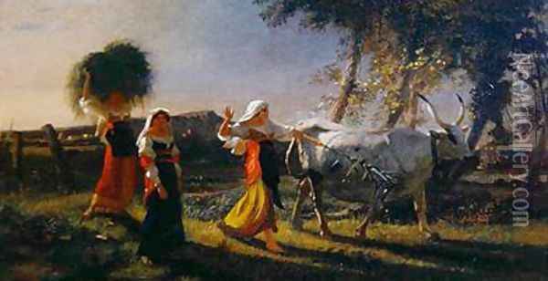 Italian Peasant Women in the Campagna driving an Ox Oil Painting - George Hemming Mason