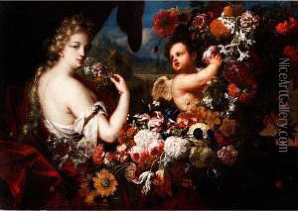 Venus Und Amor In Blutengirlanden 
Ol Auf Leinwand. Oil Painting - Gaspar-pieter The Younger Verbruggen