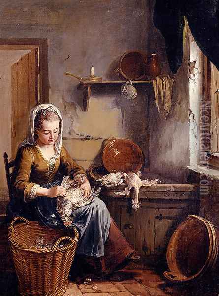 A Scullery Maid Preparing A Chicken Oil Painting - Willem Joseph Laquy