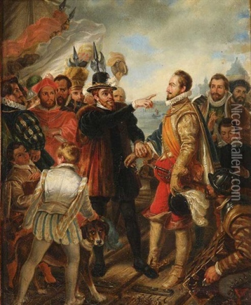 A Regent And Explorer - Possibly King Ferdinand Ii And Ponce De Leon Oil Painting - Antoine Pierre Charles Favart
