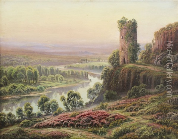 Panoramic French Creuse River Valley View With Winding River And Castle Ruins Oil Painting - Gaston Anglade