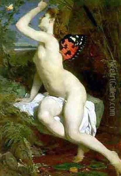 The Beauty and Butterfly Oil Painting - Ferdinand Keller