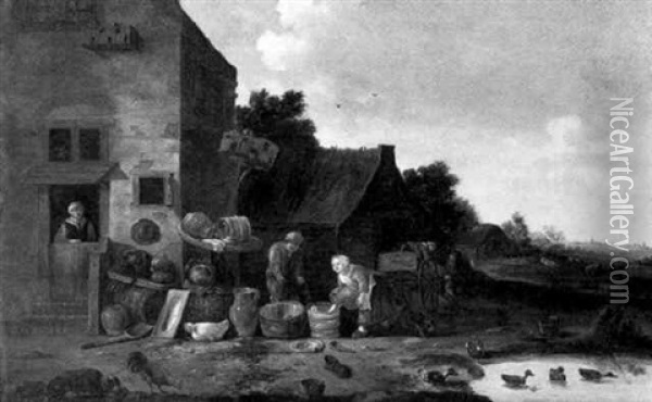 A Milkmaid And A Peasant Boy At Work With Jugs Oil Painting - Egbert Lievensz van der Poel