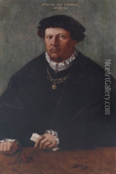 Portrait Of A Gentleman In A Black Costume And Fur-trimmed Coat, A Gold Chain With A Pendant Of Emperor Valentinian I, A Letter In His Left Hand, His Hands Resting Upon A Wooden Ledge Oil Painting - Hermann Tom Ring