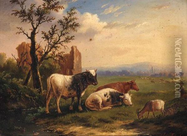 Sheep And A Donkey In A Meadow; And Cattle With A Goat In Ameadow Oil Painting - Charles Desan