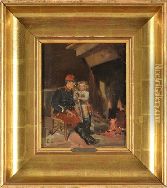 Soldat Et Sa Fille Aupres Du Feu Oil Painting - Edouard Castres