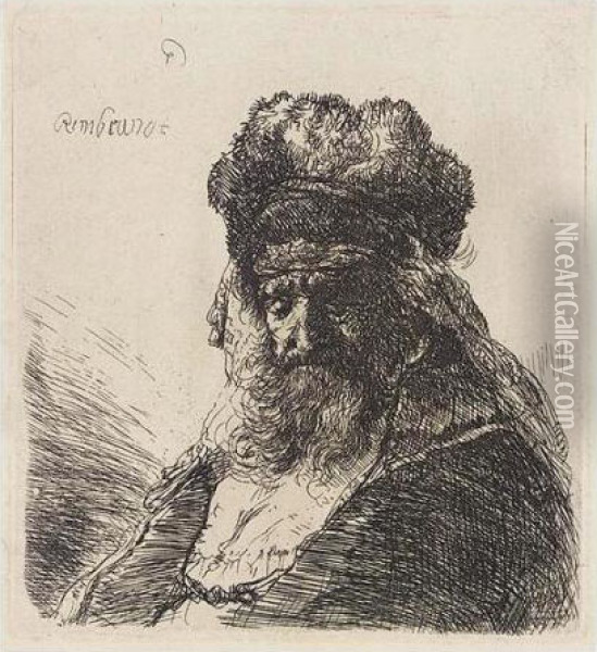 Old Bearded Man In A High Fur Cap, With Eyes Closed (b., Holl.290; H.130; Bb.35-3) Oil Painting - Rembrandt Van Rijn