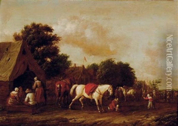 Peasants By A Cottage With A Horse Stalling Oil Painting - Barend Gael