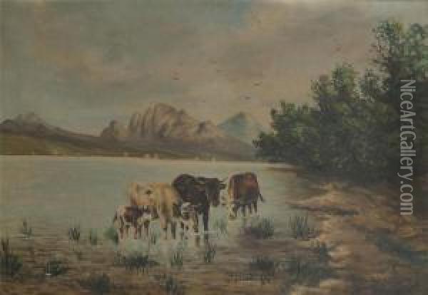 Mountainous Landscape With Cows Near The Water Oil Painting - Paul Henry Schouten