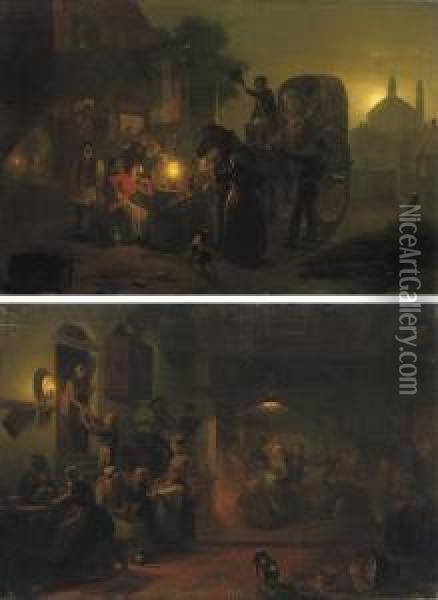 Dancing In The Tavern; And Outside The Tavern Oil Painting - Jan Hendrick van Grootvelt
