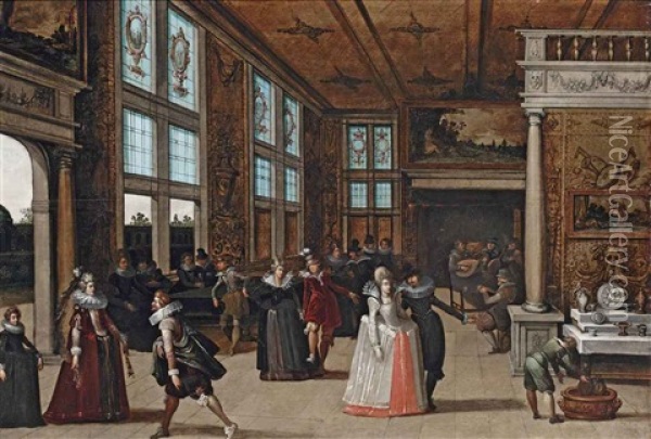 A Palace Interior With Elegant Couples Courting At A Ball Oil Painting - Louis de Caullery