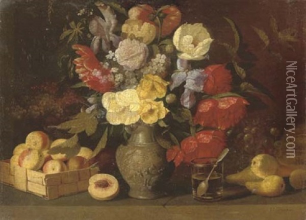 Still Life With Tulips, Carnations And Chrysanthemum In A Stoneware Jug With Peaches, Grapes And Pears On A Marble Ledge Oil Painting - Ivan Fomich Khrutsky