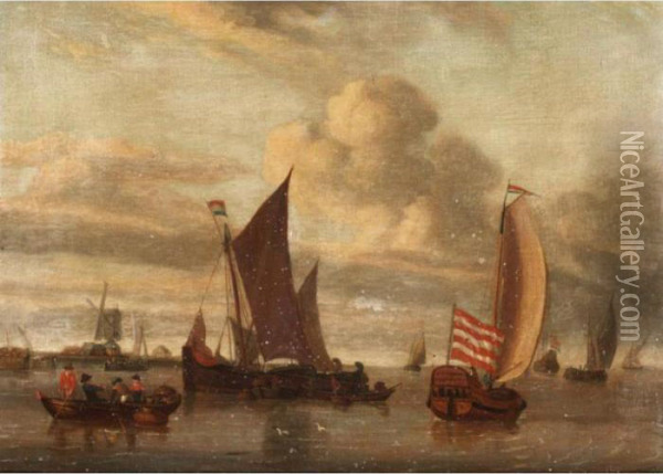 Estuary Scene With Dutch Shipping In The Foreground, A Town Beyond Oil Painting - Abraham Storck