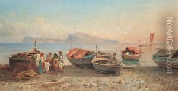 Pescatori Sulla Spiaggia Sullo Sfondo Di Capri Oil Painting - Guglielmo Giusti