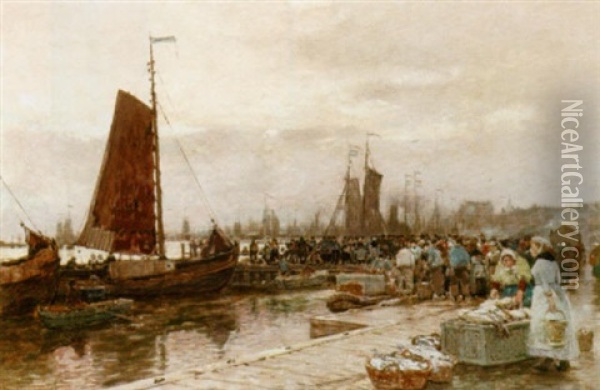 A View Of The Fish Market, Amsterdam Oil Painting - Hans Herrmann