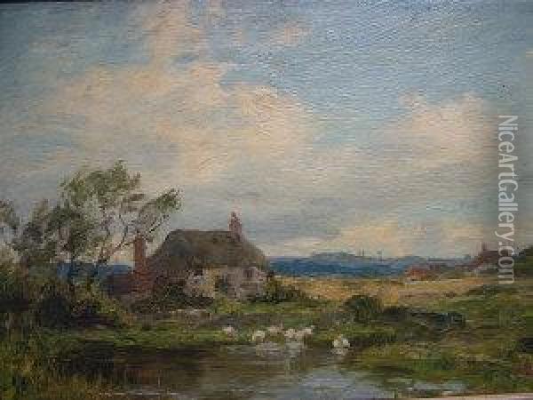 Geese By A Pond With A Cottage Nearby Oil Painting - James Aumonier