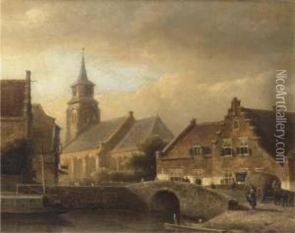 Figures Crossing A Bridge In A Dutch Town Oil Painting - Kasparus Karsen