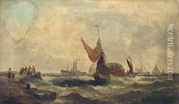 Shipping in a swell; and Shipping coming into a quay Oil Painting - William A. Thornley Or Thornber