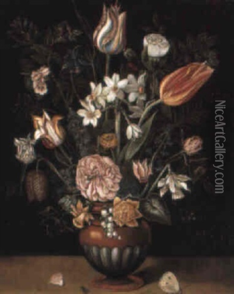 Tulips And Other Flowers In A Vase On A Ledge Oil Painting - Jan Brueghel the Elder