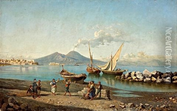 A View Of The Bay Of Naples With Figures Dancing On The Shore Oil Painting - Giuseppe Carelli