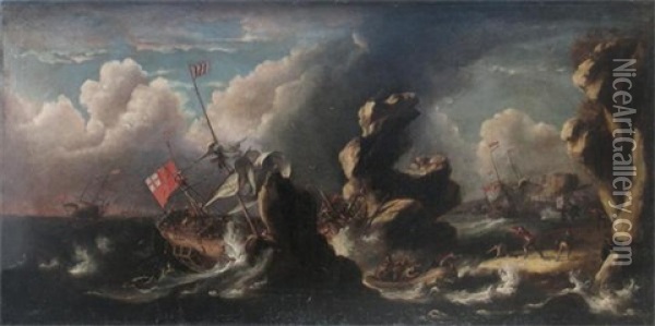 Extensive Stormy Coastal Scene With Ships In Jeopardy On The Rocks Oil Painting - Bonaventura Peeters the Elder