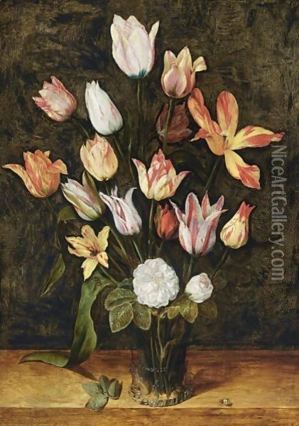 A Still Life With Fifteen Tulips And Two White Roses With A Fly On A Leave In A Glass Beaker, All On A Wooden Ledge Together With A Ladybird Oil Painting - Isaak Soreau