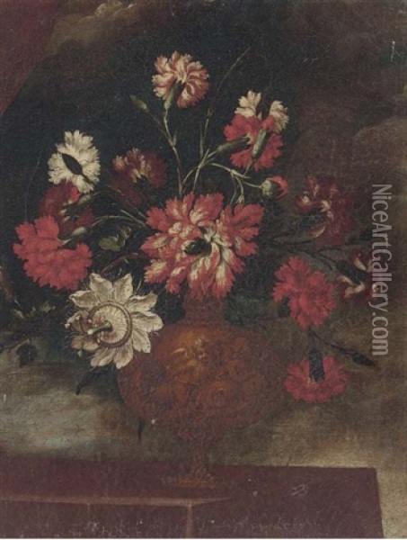 Carnations And Other Flowers In A Vase On A Ledge Oil Painting - Mario Nuzzi