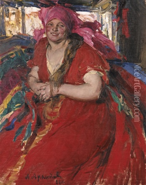 Peasant Woman In A Red Dress Oil Painting - Abram Efimovich Arkhipov