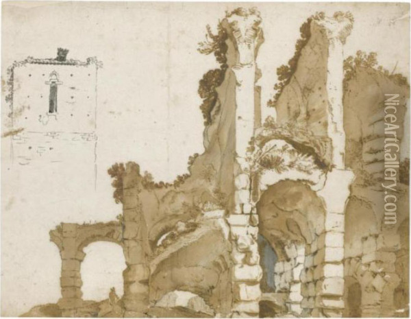 A View Of Part Of The Colosseum, Rome, And A Separate Study Of A Tower Oil Painting - Cornelis Van Poelenburch