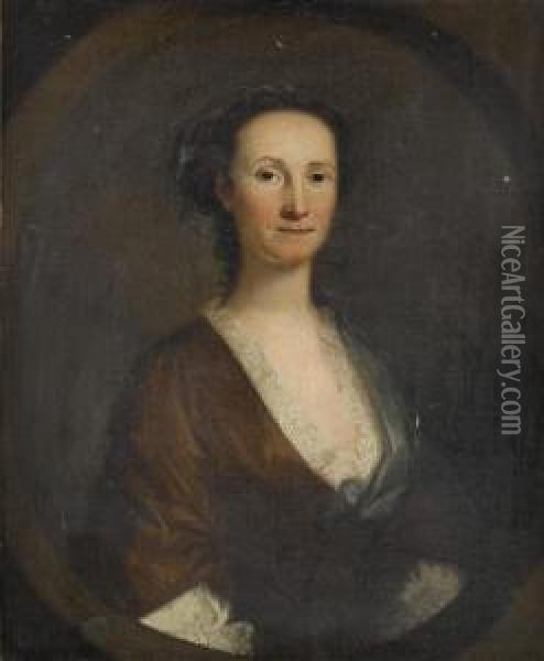 Portrait Of A Lady, Believed To Be Helen Hozier Nee Robinson, Half-length, In A Brown Dress, A Lace Chemise And A Blue Shawl, Within A Painted Stone Oval Oil Painting - John Wollaston
