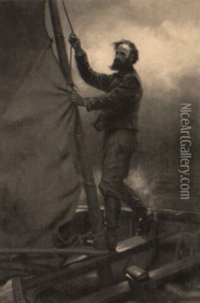 Man Lowering Sail Of Small Boat Oil Painting - John George Brown