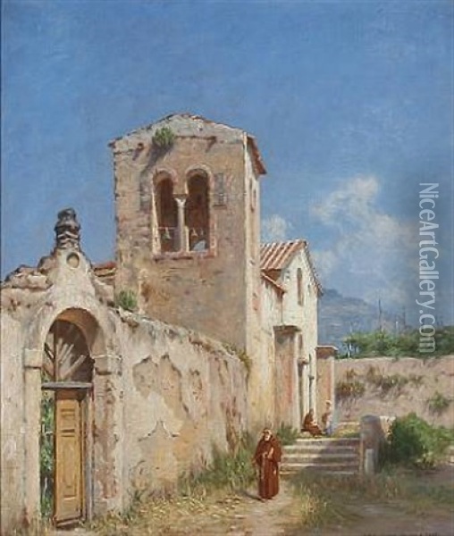 A Monastery In The Mountains, Italy Oil Painting - Niels Frederik Schiottz-Jensen