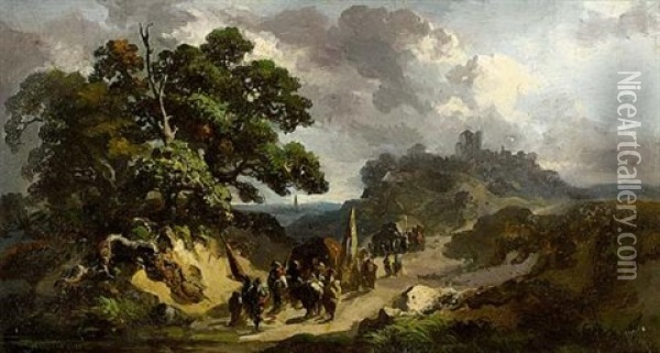 Travellers In A Landscape Oil Painting - Dirk Arnoldus Tavenraat