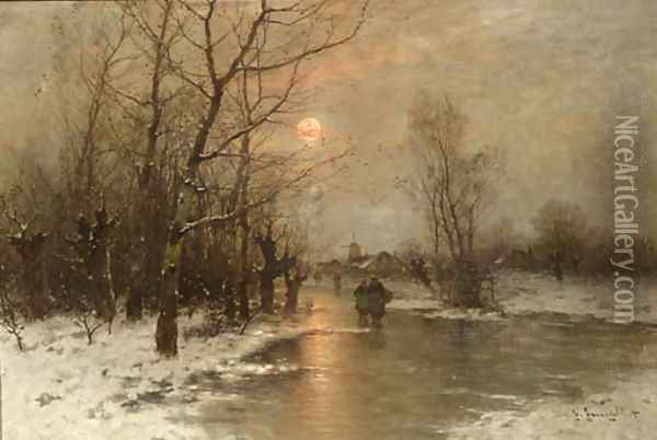 Peasants on a frozen waterway at dusk Oil Painting - Johann II Jungblut