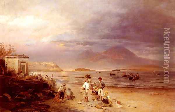 Fishermen with the Bay of Naples and Vesuvius beyond Oil Painting - Oswald Achenbach