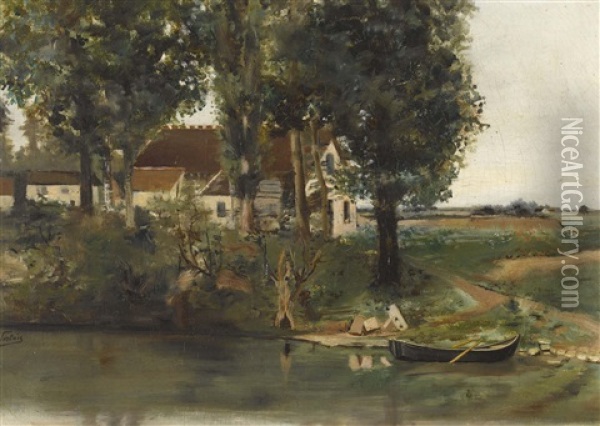 Uferpartie Mit Ruderboot Und Bauernhof Oil Painting - Julien Louis Sortais