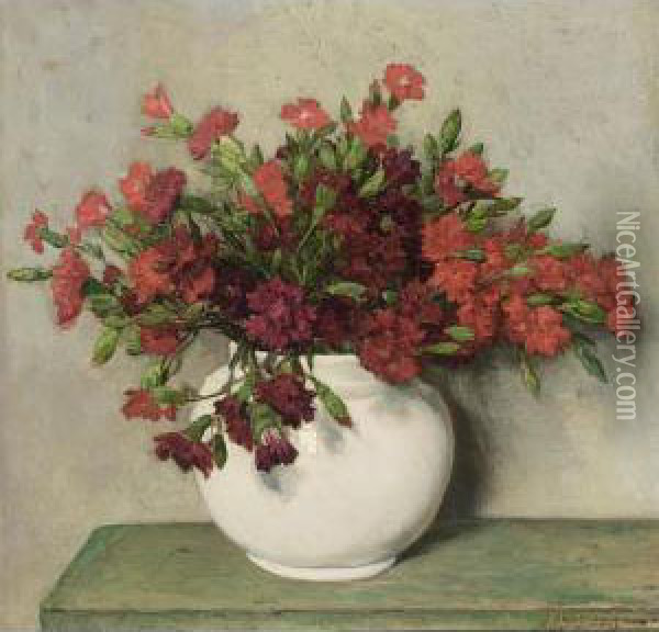 A Still Life With Red Carnations In A Vase Oil Painting - Johannes Evert Akkeringa