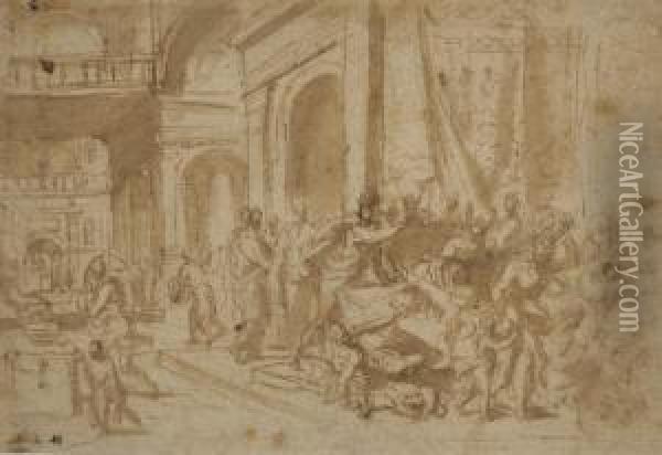 Jesus Chassant Les Marchands Du Temple (recto); Elements Architecturaux (verso) Oil Painting - Frans I Vriendt (Frans Floris)