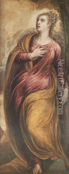 A Female Saint Holding A Martyr's Palm Oil Painting - Jacopo Robusti, II Tintoretto