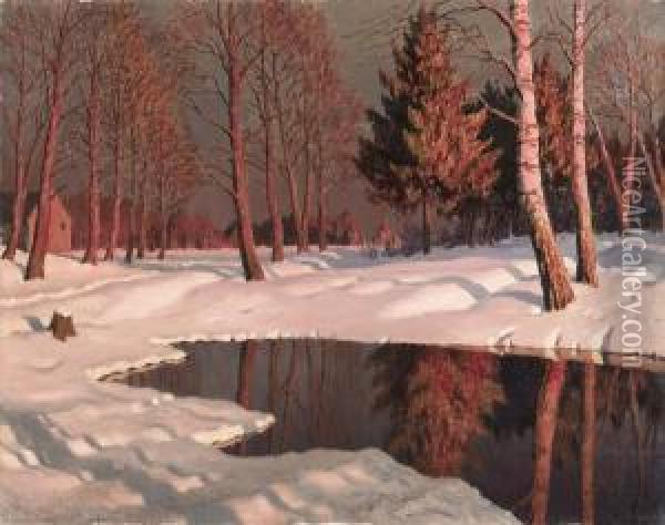Winter Lake Landscape Oil Painting - Michail Markianovic Germasev