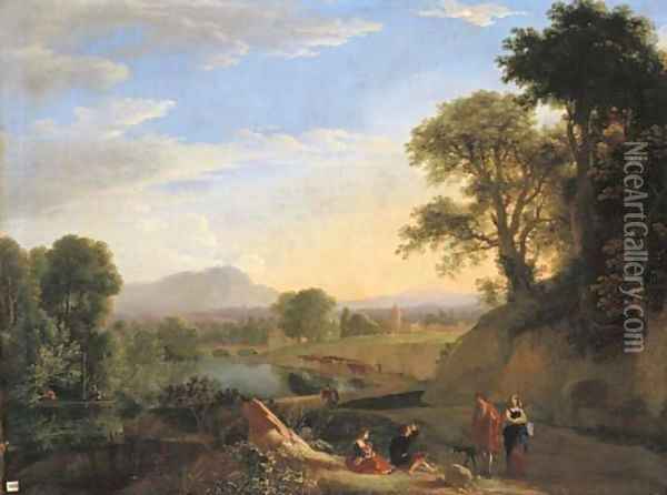 An Italianate river landscape with travellers conversing on a path and peasants fishing from a boat beyond Oil Painting - Herman Van Swanevelt