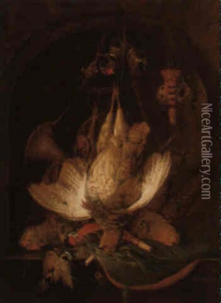 A Hunting Still Life With A Hanging Partridge And A Hunting Horn On A Ledge Oil Painting - Willem Van Aelst