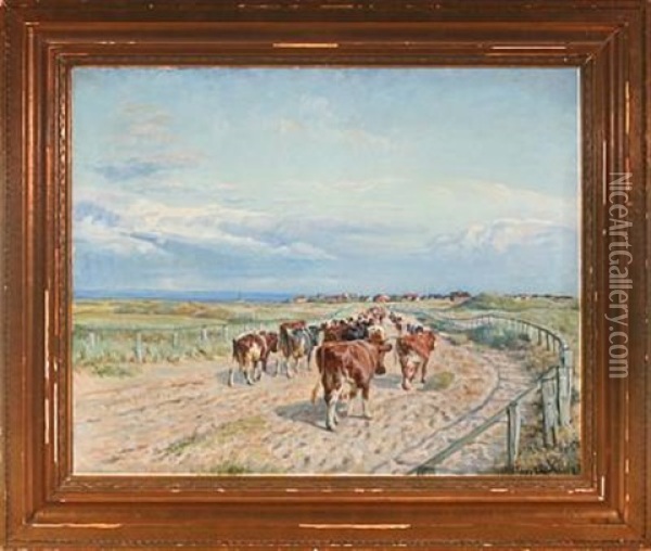 Scenery From Fano With Cows On Their Way To Milking Oil Painting - Niels Pedersen Mols