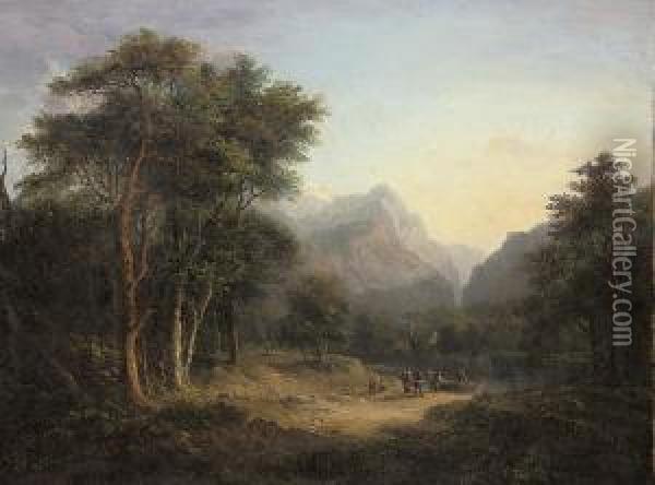 A Mountainous Wooded Landscape With Figures Crossing A River Oil Painting - Alexander Nasmyth